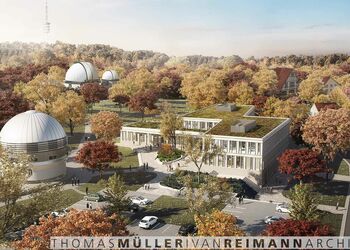 Renderbild der Planung als Vogelperspektive. Blick von schräg oben über das Institutsgelände mit den Kuppeln der Teleskope und dem neuen Institutsgebäude.